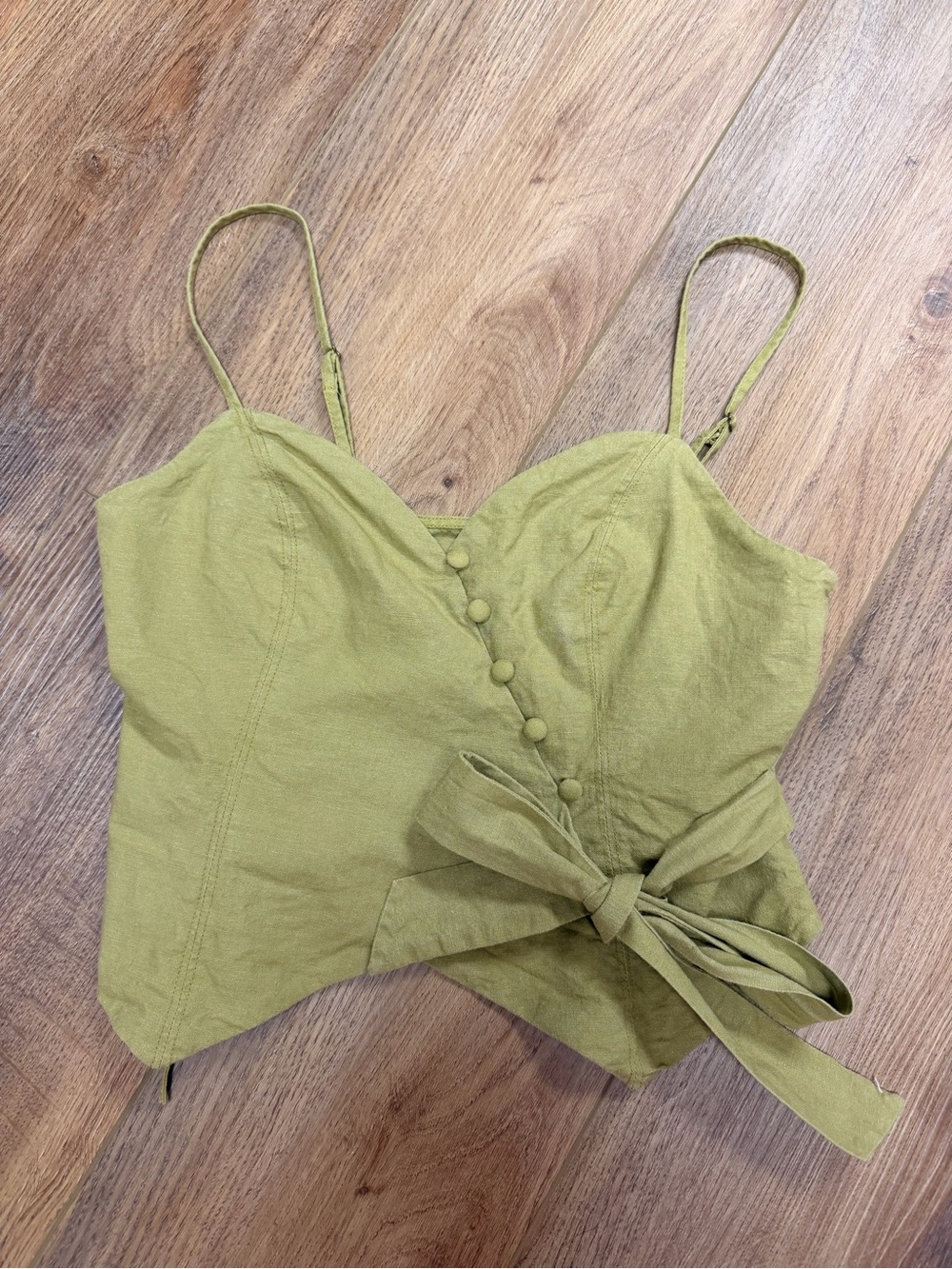 Urban Outfitters Chartreuse‎ Olive Linen Blend Wrap Cami Crop Top Y2K Small Boho